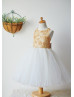 Gold Lace Ivory Tulle Corset Back Knee Length Flower Girl Dress